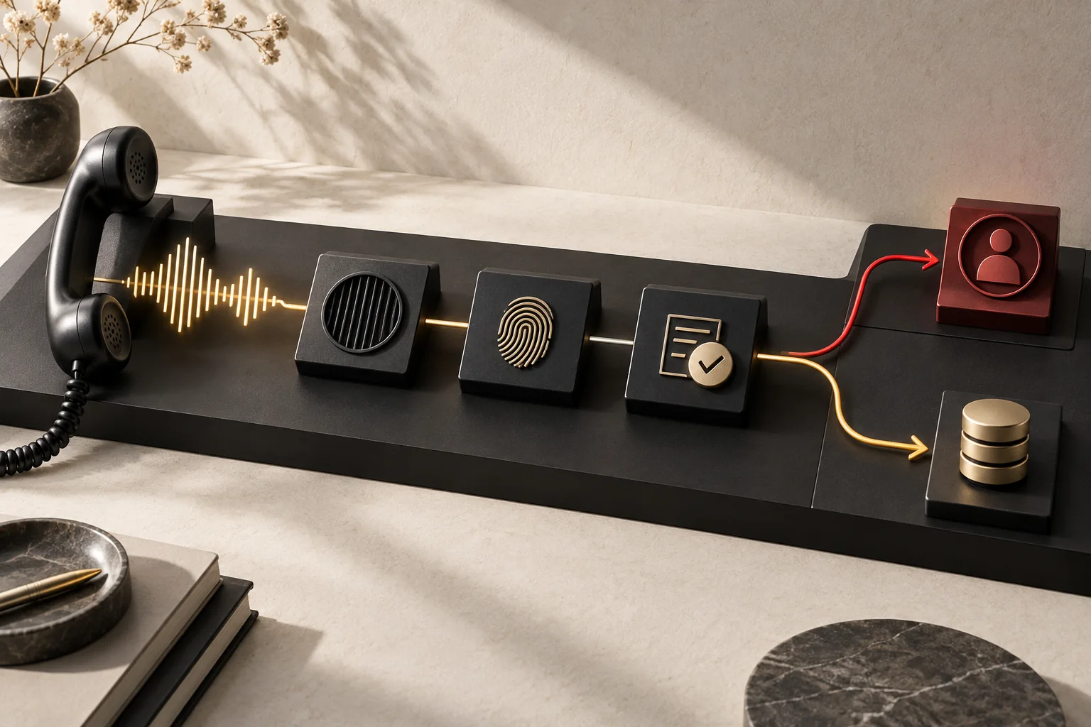 Ein Telefonsignal durchläuft drei schwarze Prüfmodule und verzweigt danach in eine rote menschliche Übergabe sowie eine goldene Systemübergabe.