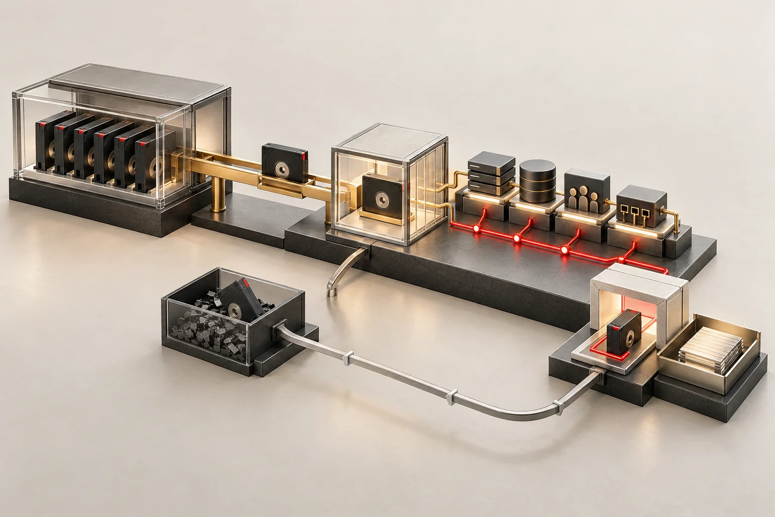 Geschützte Backup-Module werden über eine goldene Wiederherstellungsbrücke in eine getrennte Testumgebung geführt und dort entlang einer roten Prüfspur validiert.